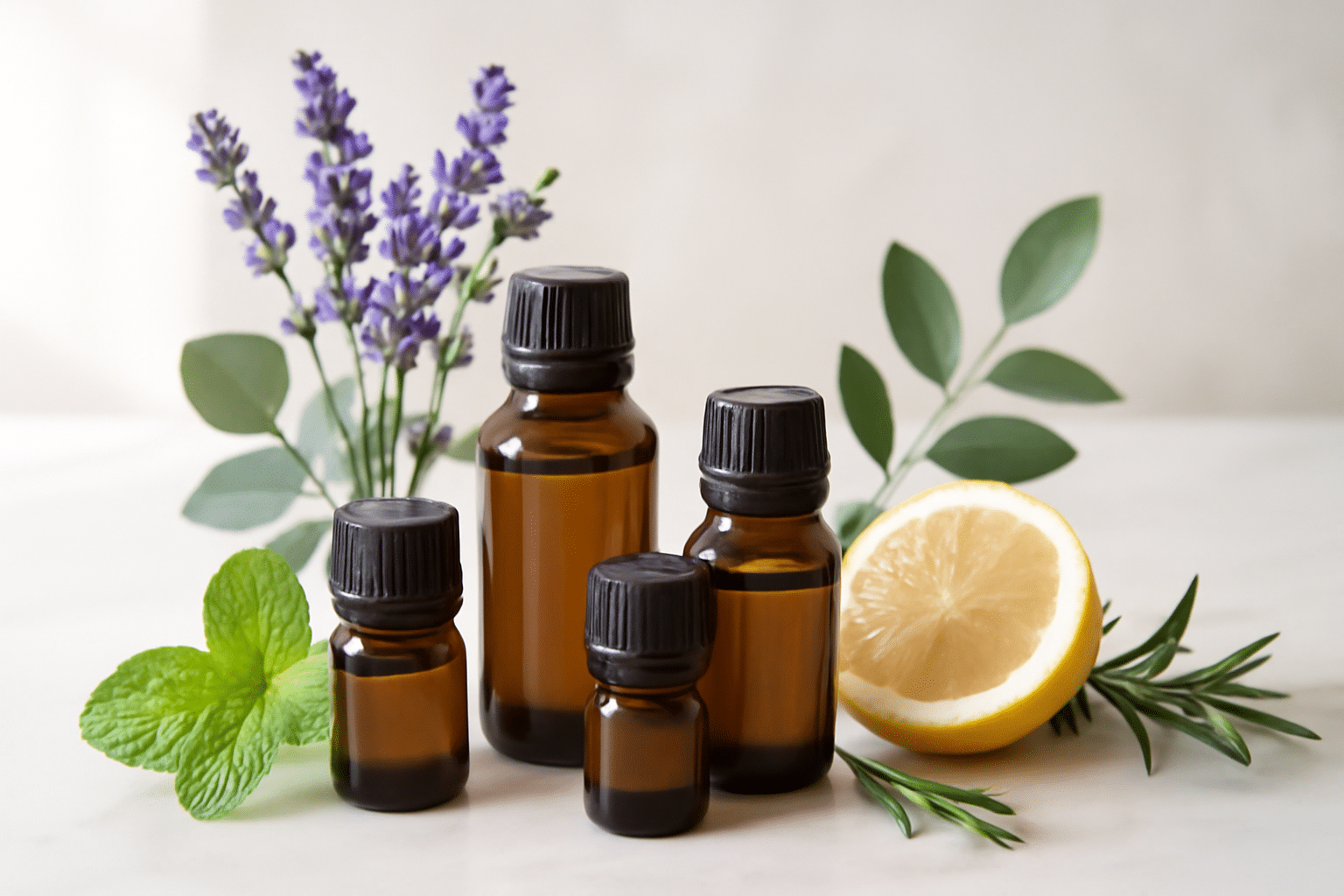 Aromathérapie huiles essentielles lavande eucalyptus menthe citron romarin