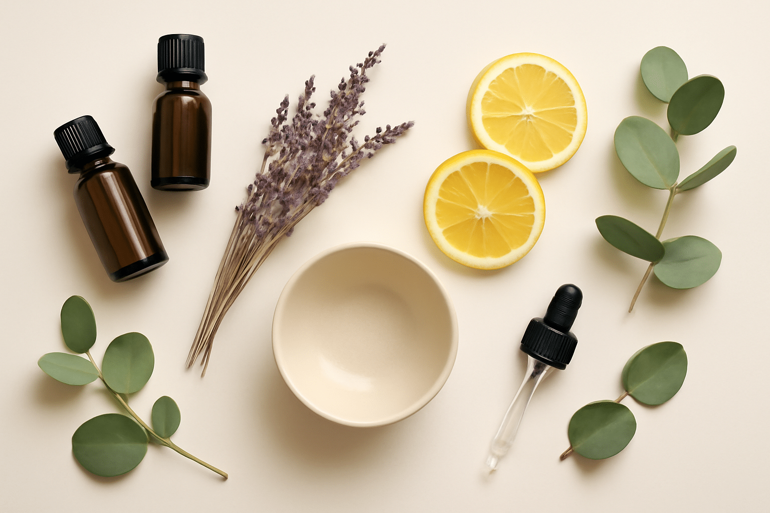 Ingrédients mélange aromathérapie lavande citron eucalyptus flacons