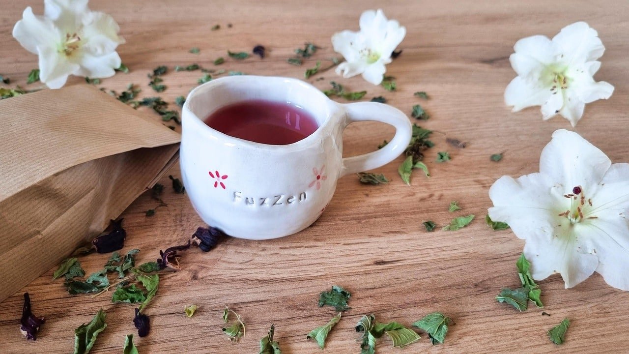 Tasse de tisane bien-etre avec plantes medicinales sechees, melisse camomille tilleul