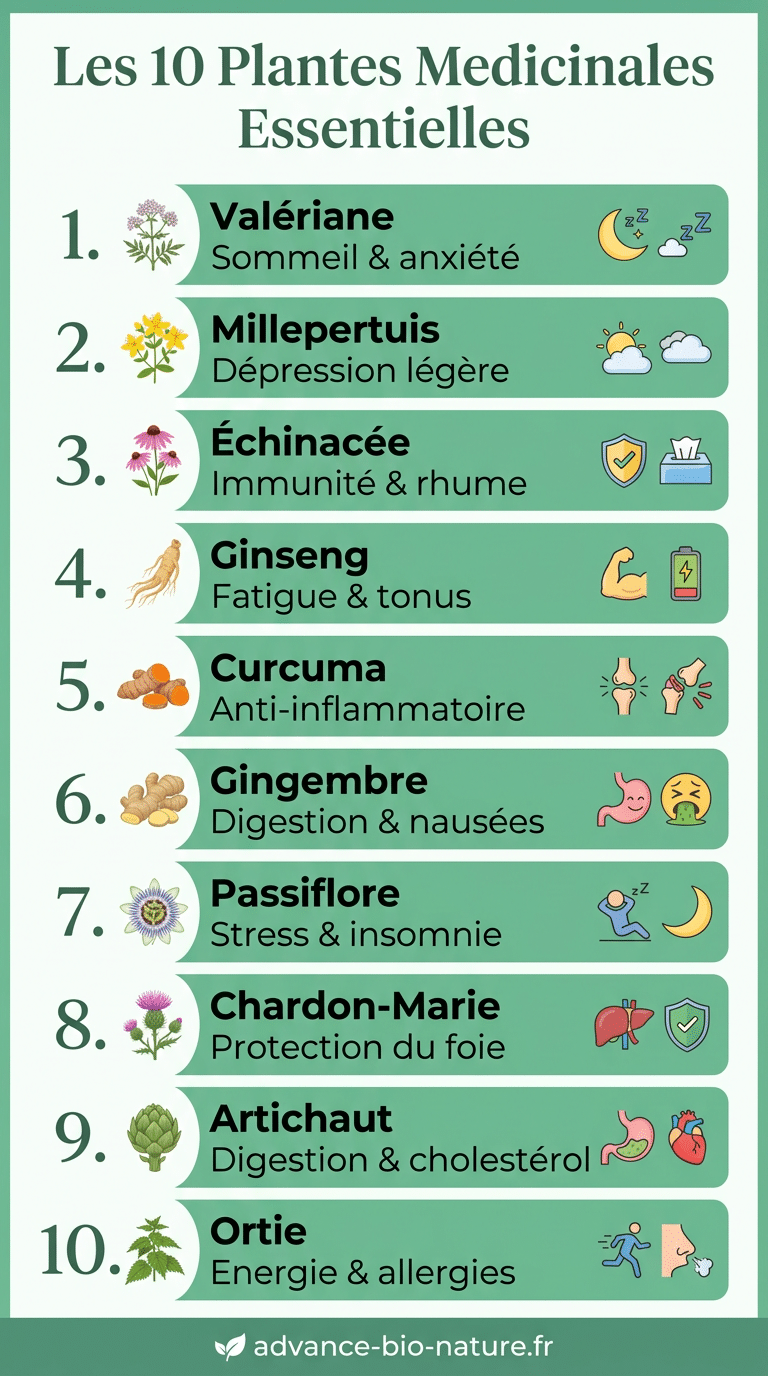 Infographie les 10 plantes medicinales essentielles en phytotherapie valeriane millepertuis echinacee ginseng curcuma gingembre passiflore chardon-marie artichaut ortie