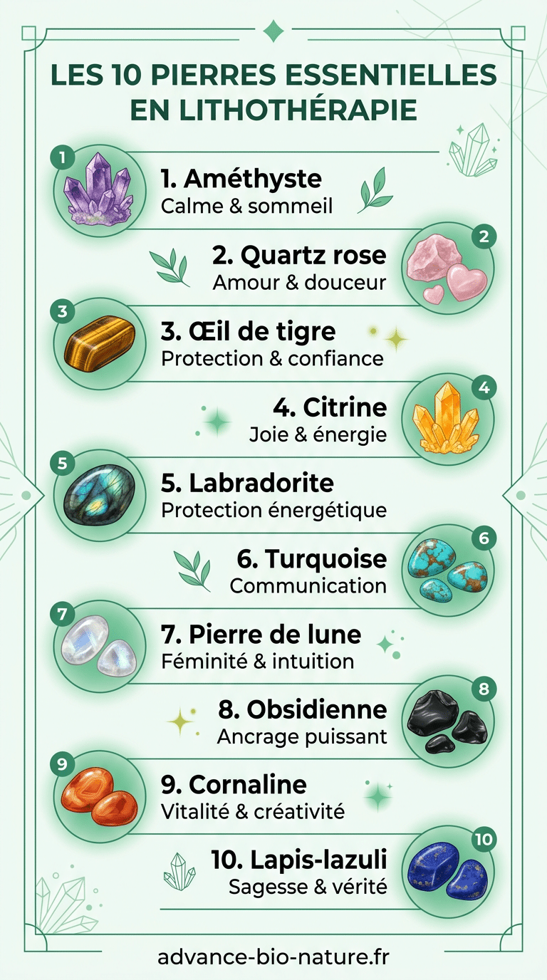 Infographie des 10 pierres essentielles en lithothérapie