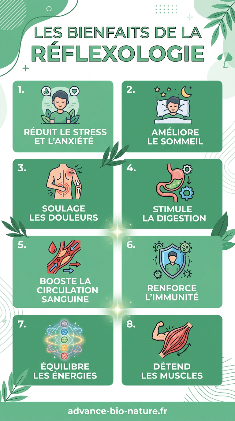 Infographie des 8 bienfaits de la réflexologie
