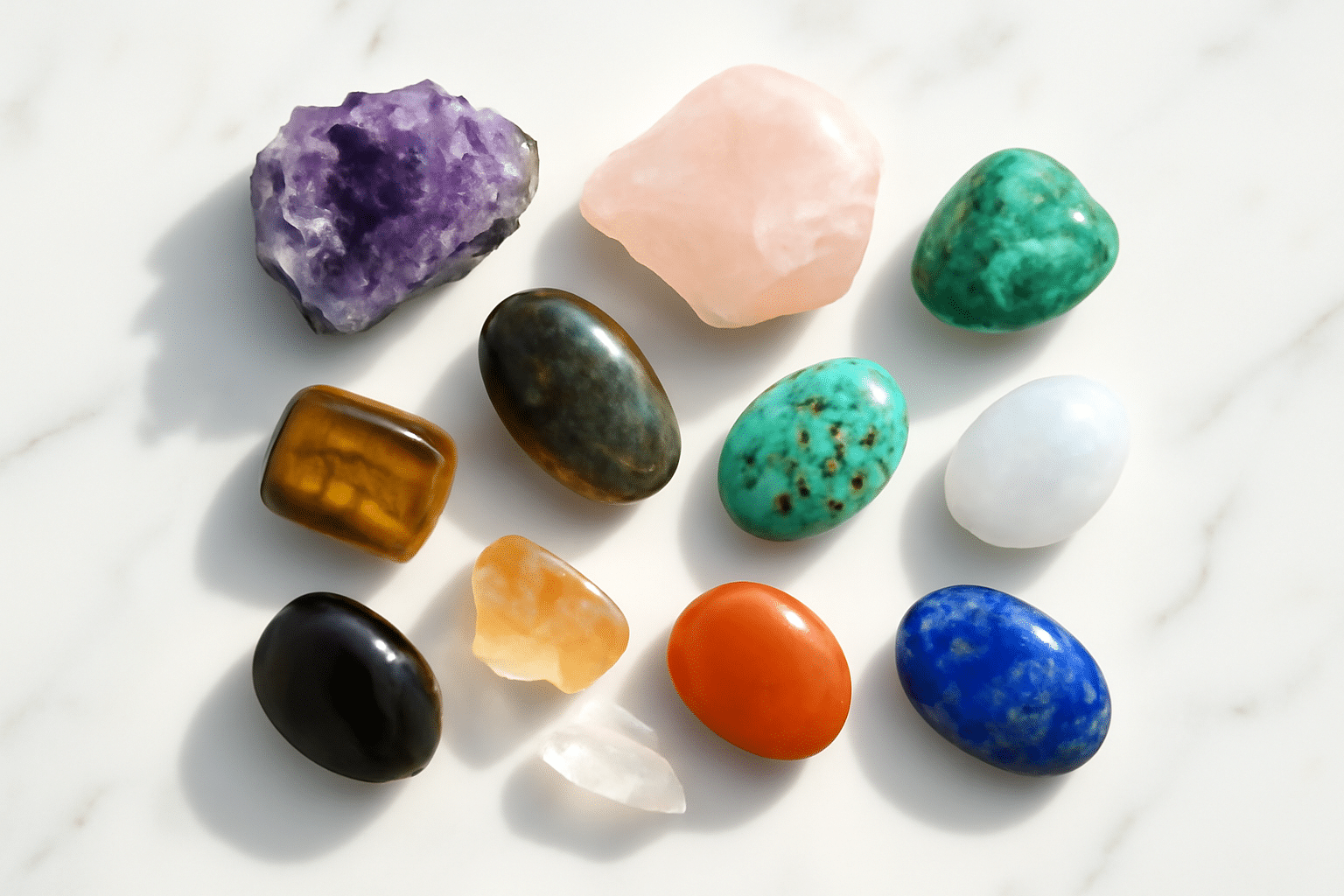 Cristaux et pierres de lithothérapie disposés sur marbre blanc