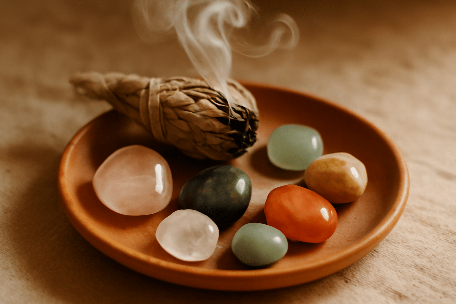 Purification de pierres de lithothérapie par fumigation de sauge