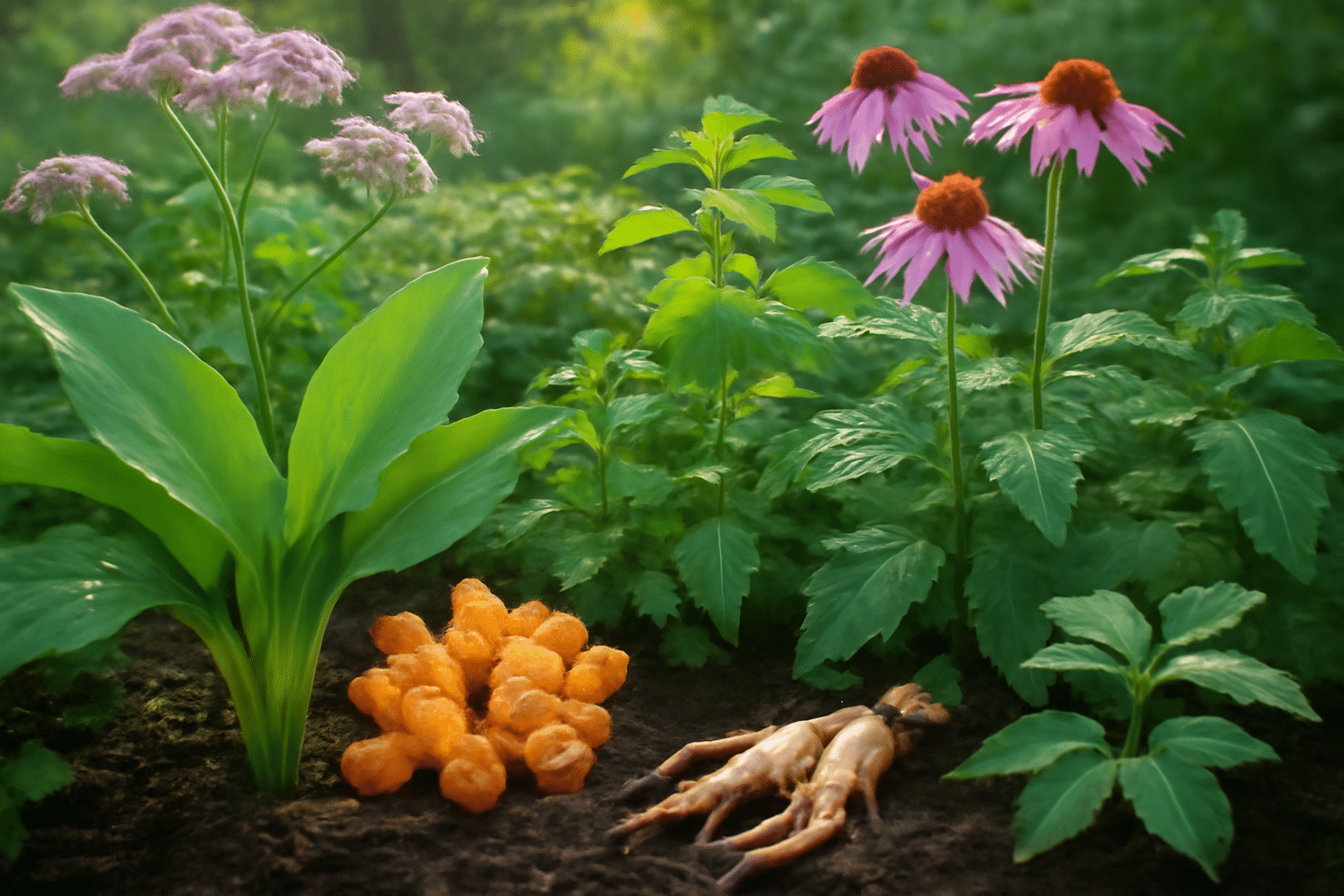 Jardin de plantes medicinales echinacea valerian curcuma gingembre ortie