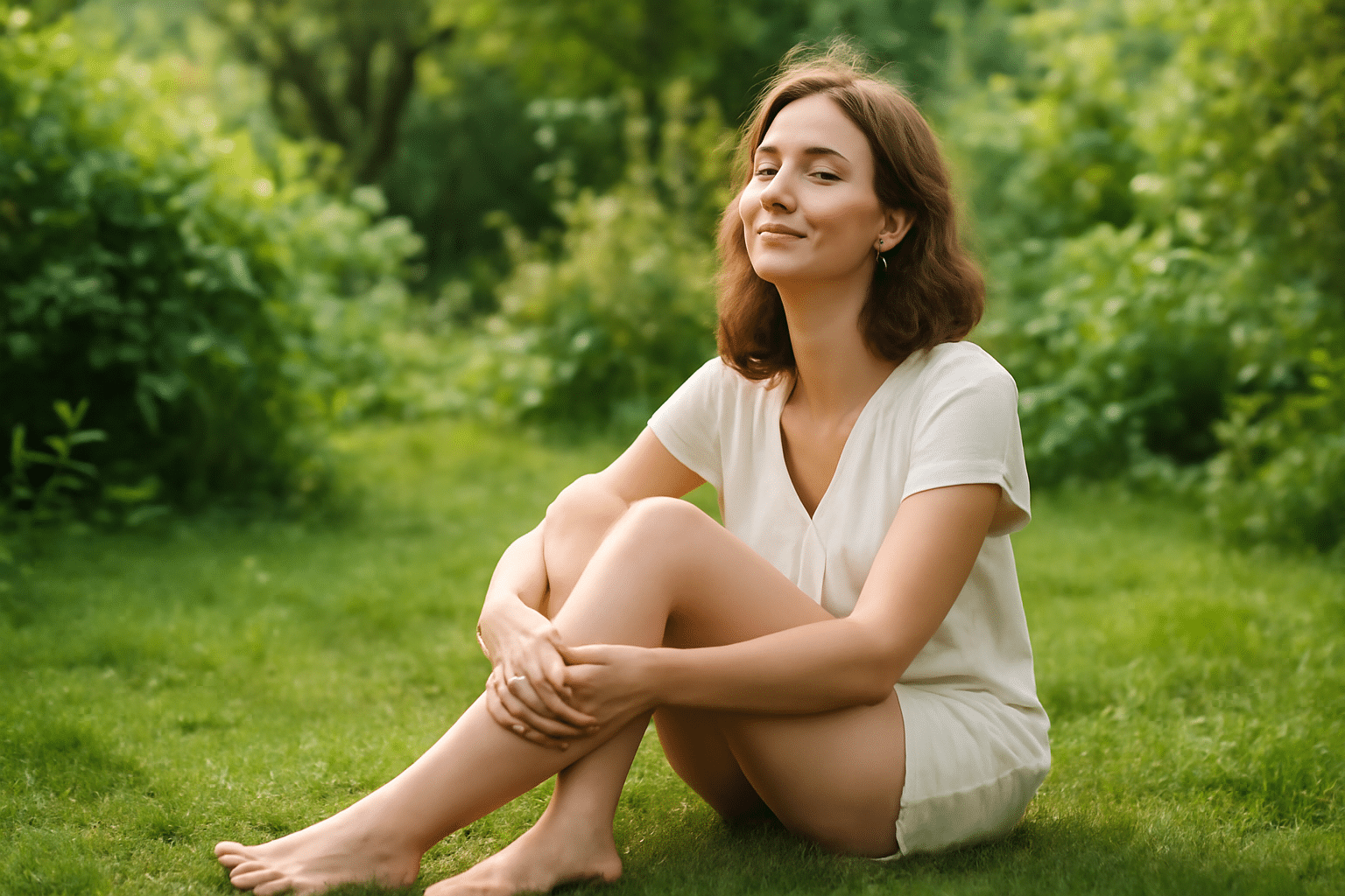 Femme détendue et apaisée après une séance de réflexologie en pleine nature