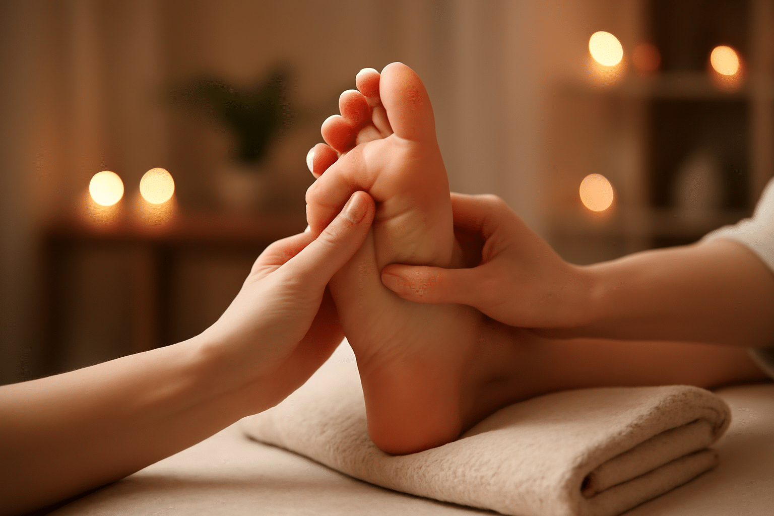 Séance de réflexologie plantaire en cabinet - praticien stimulant les zones réflexes du pied