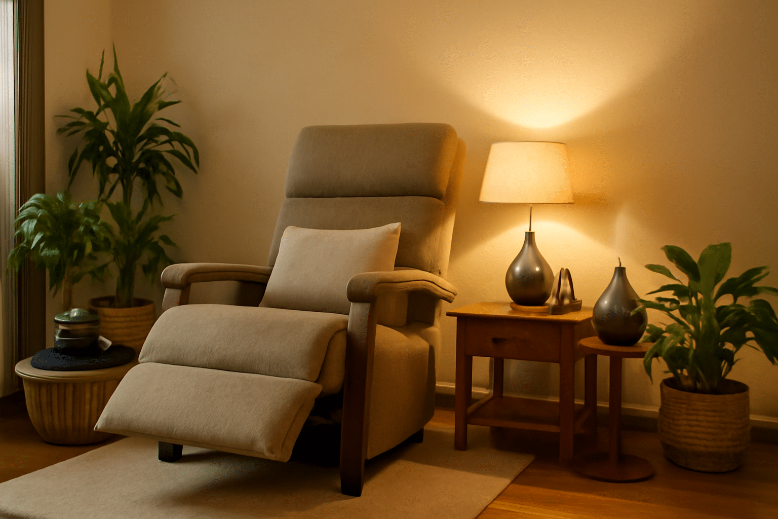 Cabinet de réflexologie avec fauteuil de soin, plantes vertes et ambiance zen