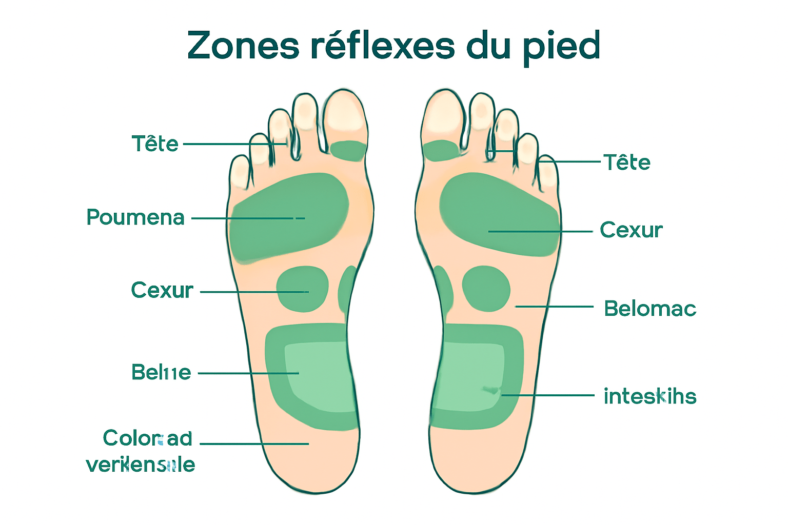 Carte de réflexologie plantaire - correspondance zones du pied et organes du corps