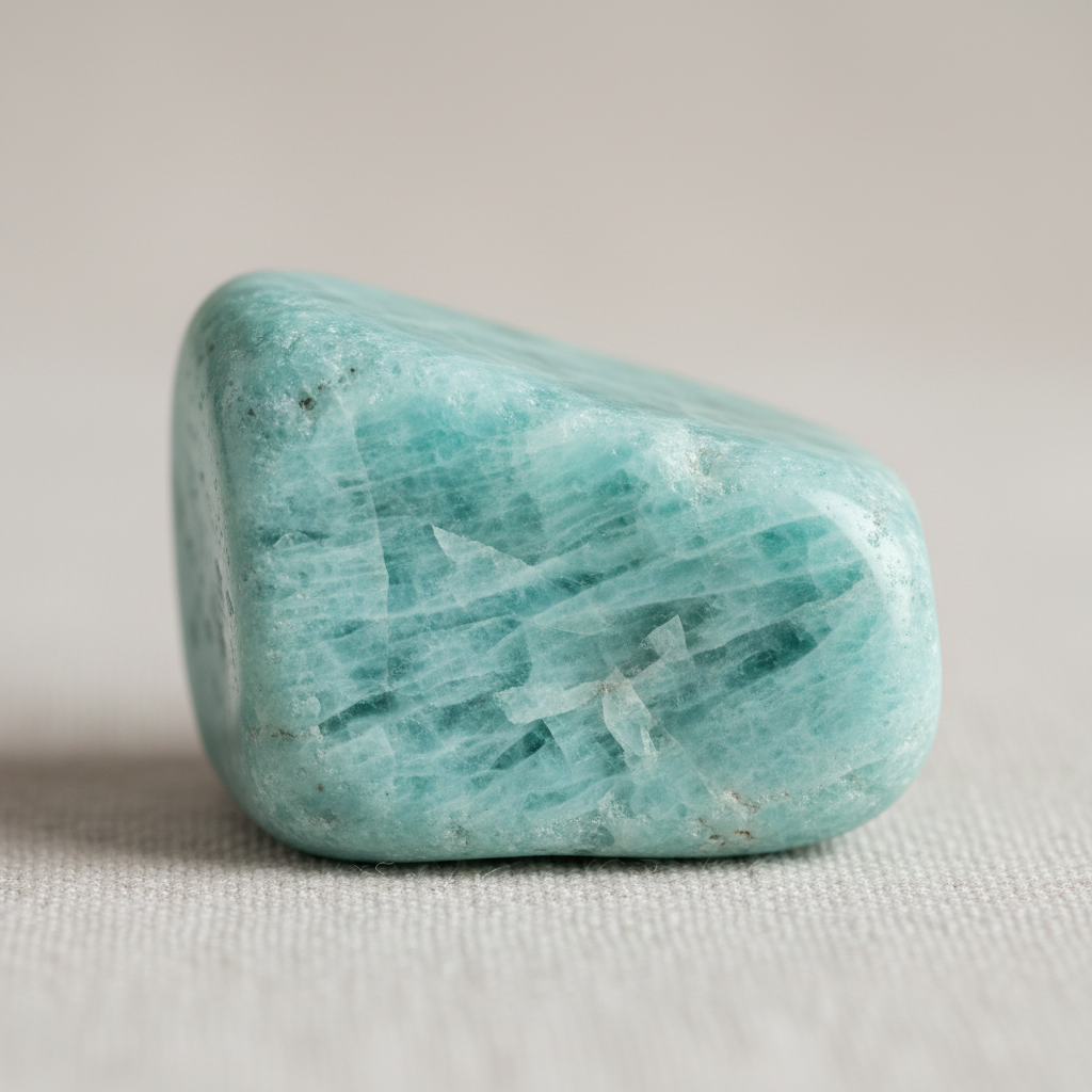 Pierre amazonite polie vert-bleuté aux vertus apaisantes, veinée de blanc, posée sur fond clair