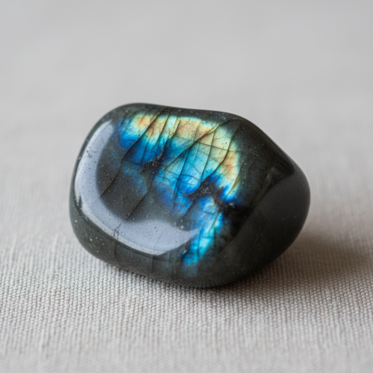 Labradorite polie aux reflets bleus et dorés, pierre réputée pour ses vertus protectrices