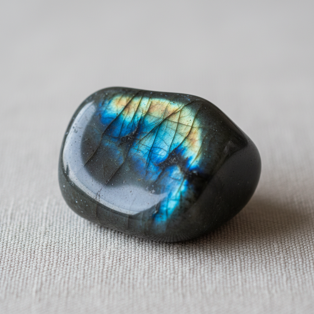 Labradorite polie aux reflets bleus et dorés, pierre réputée pour ses vertus protectrices