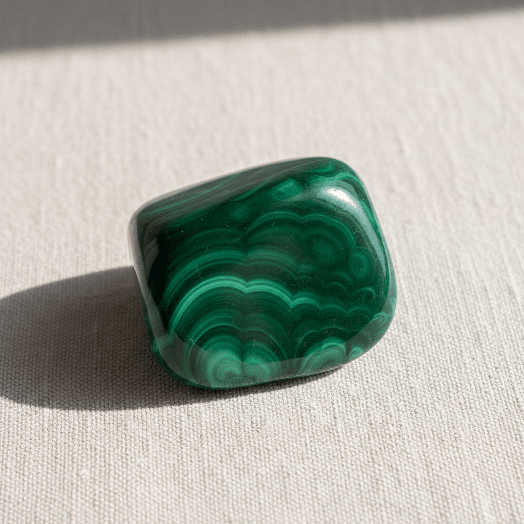 Pierre de malachite polie aux bandes vertes concentriques, illustrant les vertus de la malachite en lithothérapie