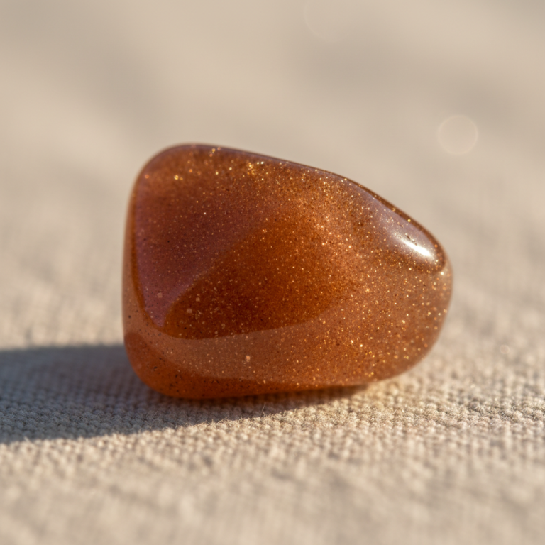 Pierre de soleil aux vertus solaires, feldspath orangé scintillant posé sur fond clair