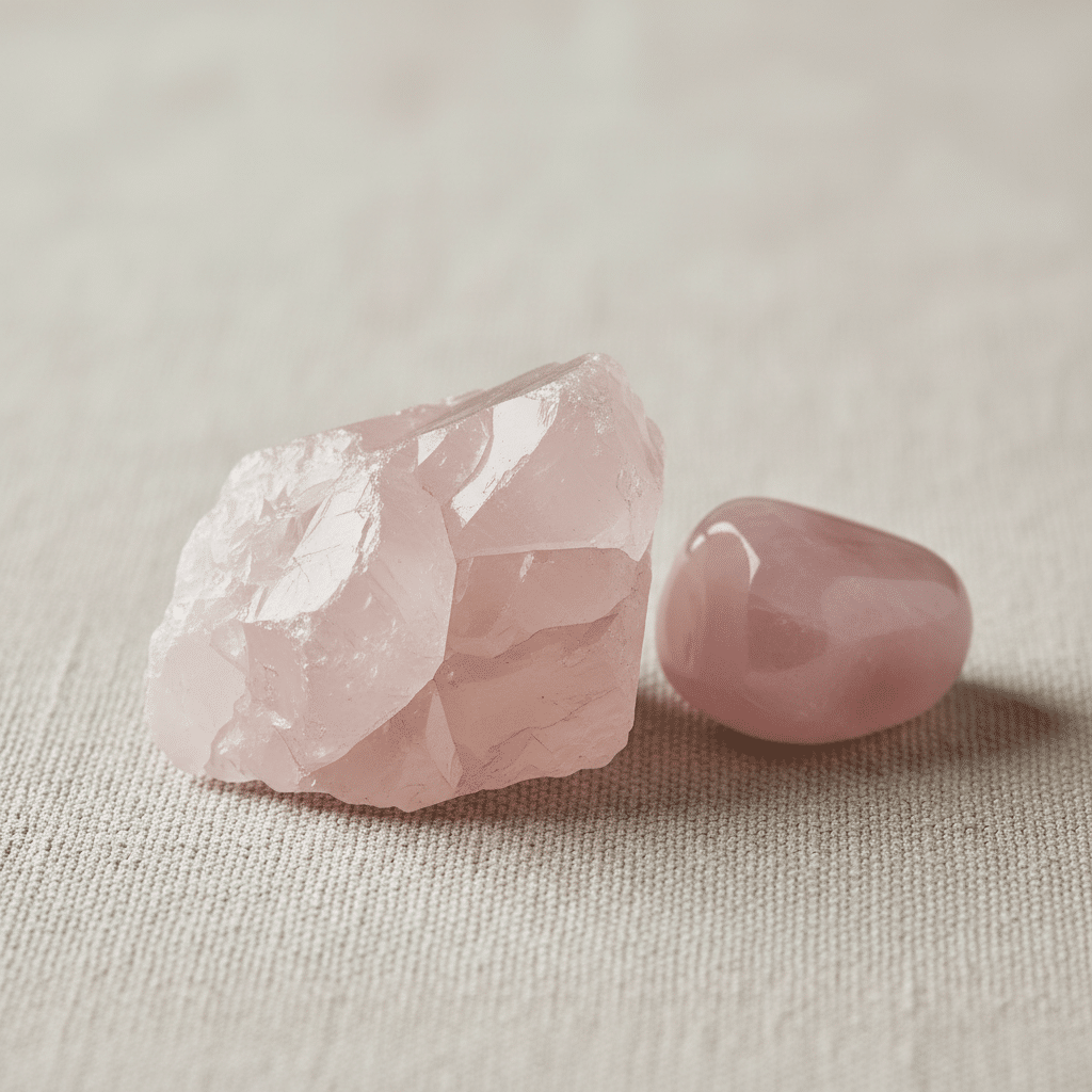 Quartz rose brut et galet poli illustrant les vertus du quartz rose en lithothérapie