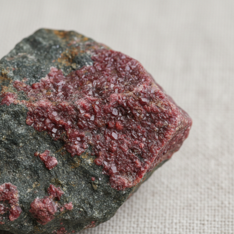 Eudialite brute rouge framboise sur roche sombre, pierre aux vertus de réconfort en lithothérapie