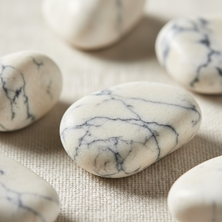 Galets de howlite blanche veinée de gris illustrant les vertus de cette pierre apaisante