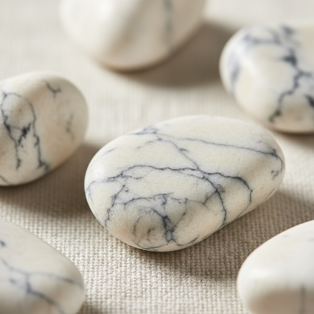 Galets de howlite blanche veinée de gris illustrant les vertus de cette pierre apaisante