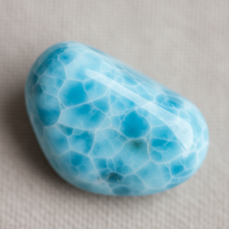 Pierre de larimar polie aux vertus apaisantes, bleu marbré de blanc évoquant la mer des Caraïbes