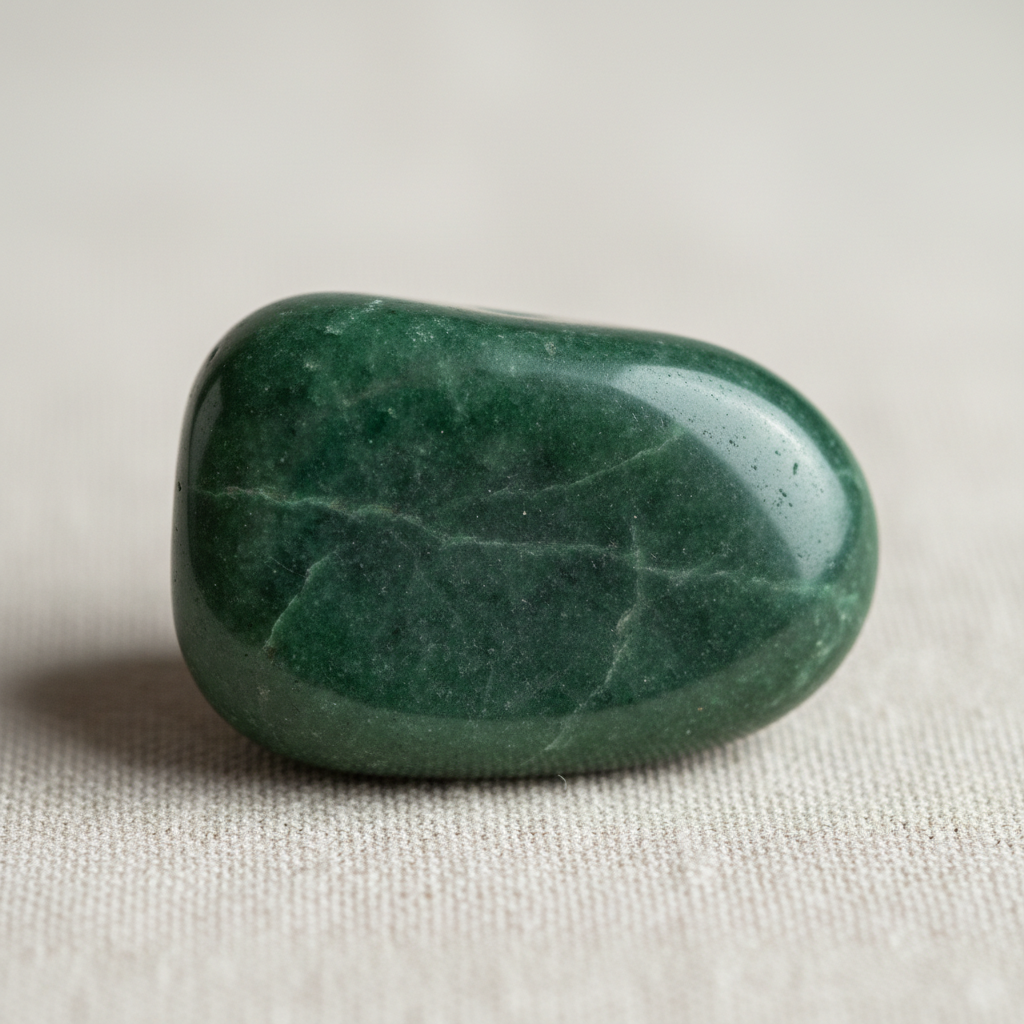 Pierre de jade polie vert profond posée sur fond clair, illustrant les vertus de la pierre de jade