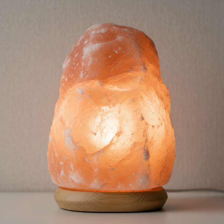 Lampe en pierre de sel de l'Himalaya illustrant ses vertus, cristal rose orangé allumé