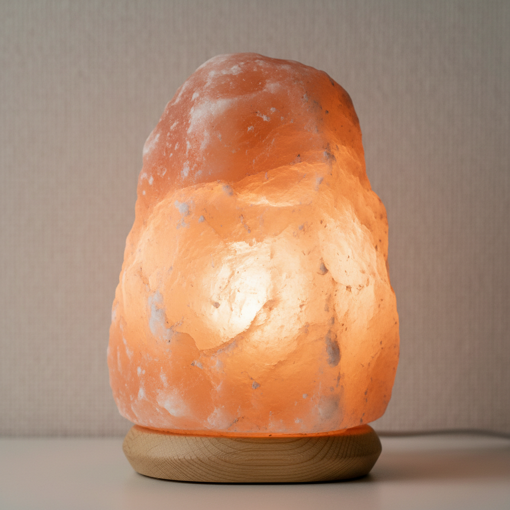 Lampe en pierre de sel de l'Himalaya illustrant ses vertus, cristal rose orangé allumé